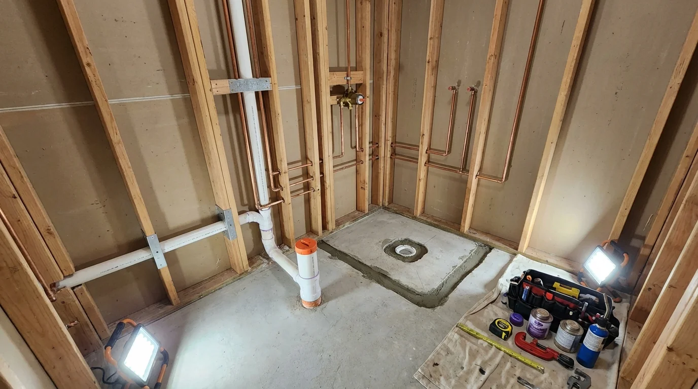 Bathroom rough-in plumbing during remodel by Johns Plumbing LLC in Stockville