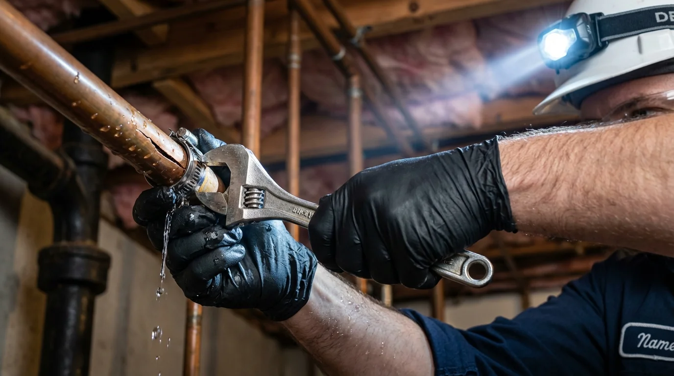 Emergency pipe clamp repair being performed by a Johns Plumbing LLC plumber in Stockville
