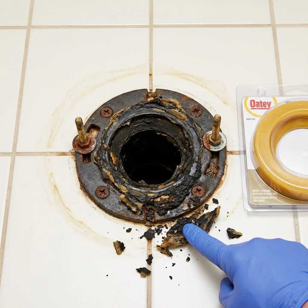 Failed wax ring showing water seepage at the base of a toilet in a Stockville, NE home