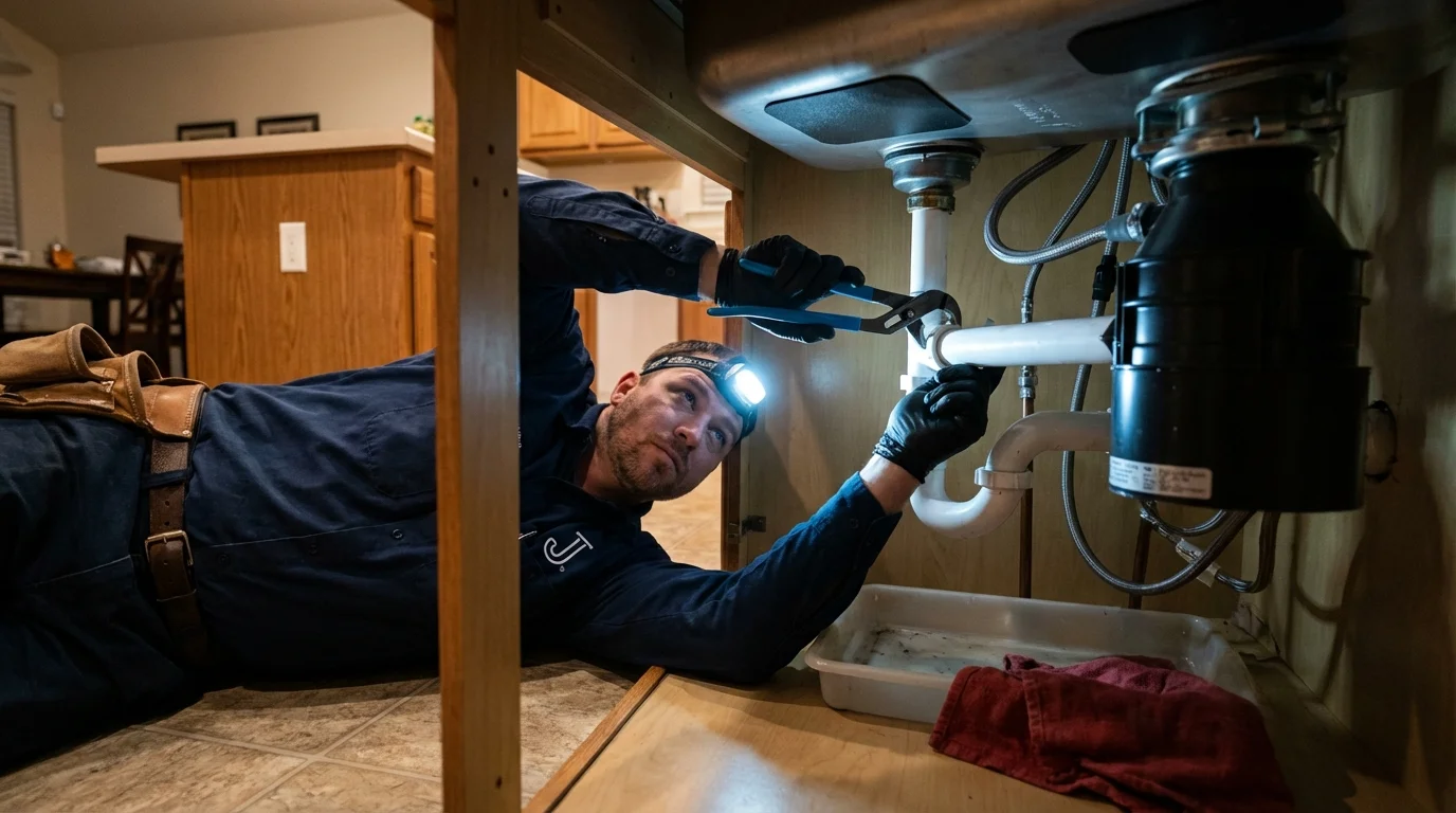 P-trap and supply line connections under a kitchen sink showing a common leak point in Stockville, NE